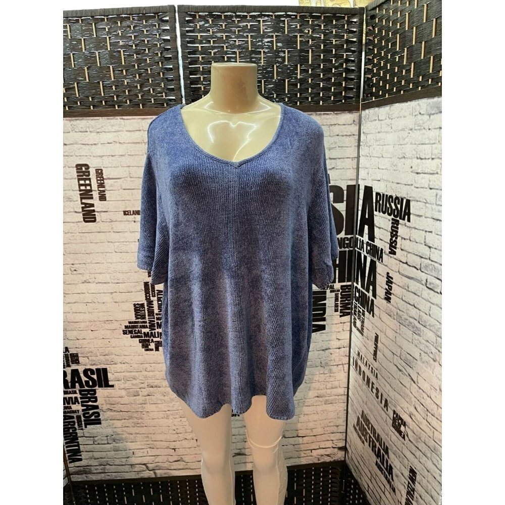 Lucia Burns Plus 2X Blue Textured V-Neck Short Sleeve Top